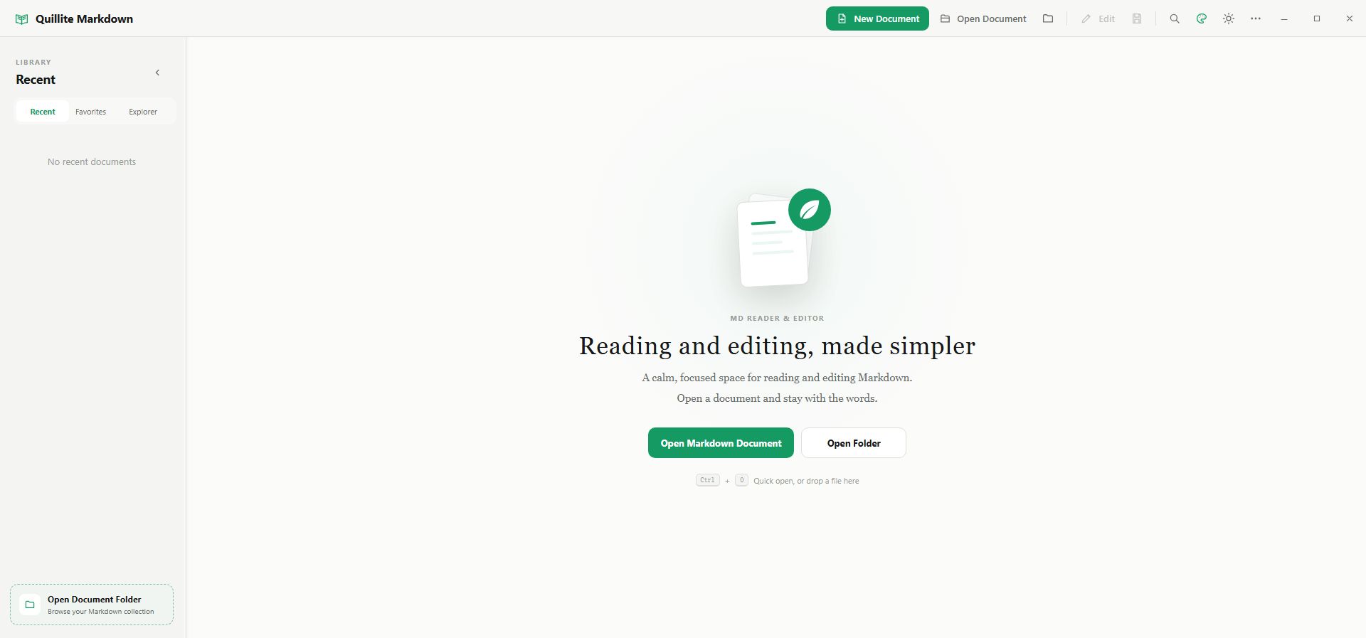 Quillite Markdown home with New, Open Document, and Open Folder
