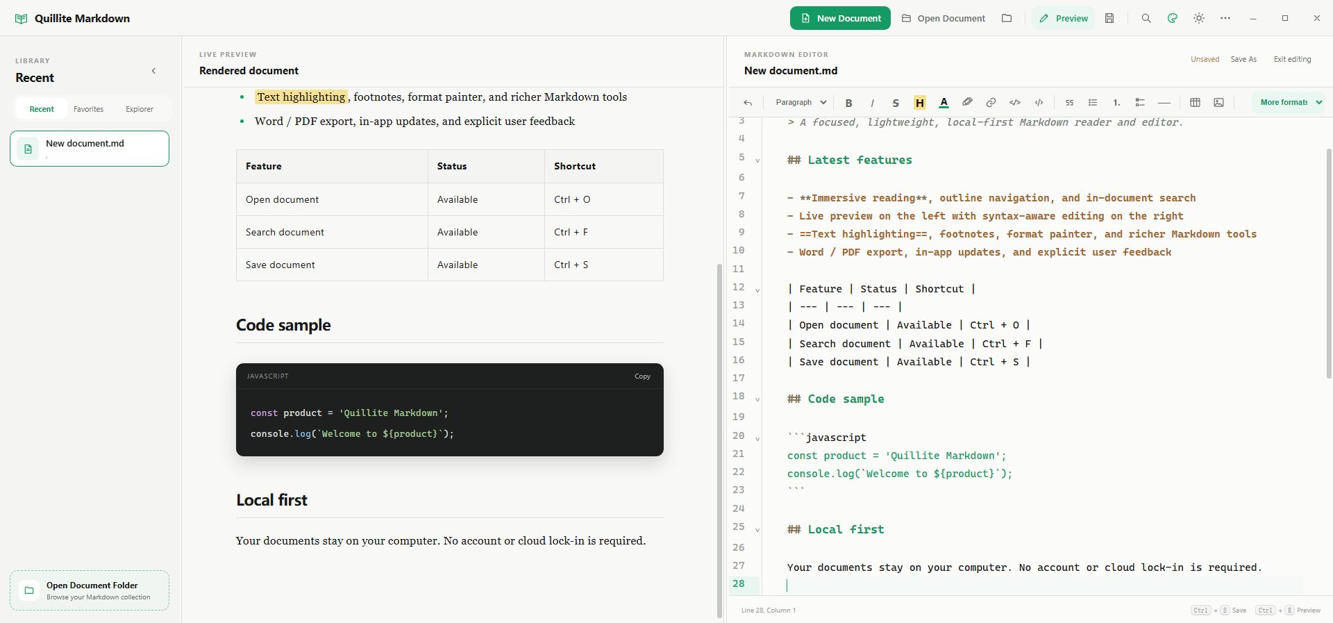 Quillite reading interface with library, document, and outline